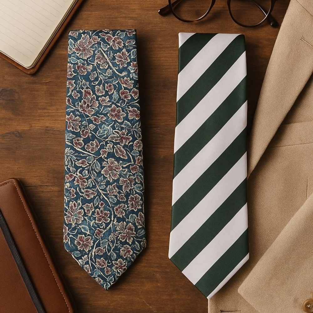 Men’s Silk Neckties Pair Blue Floral Oscar Dela Renta Green Stripe Bocara Preppy